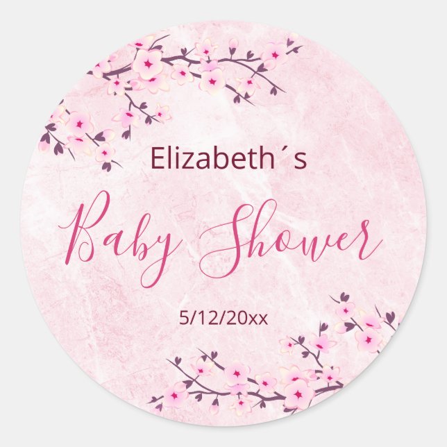 Cherry Blossoms Pink Girl Baby Shower  Classic  Classic Round Sticker (Front)