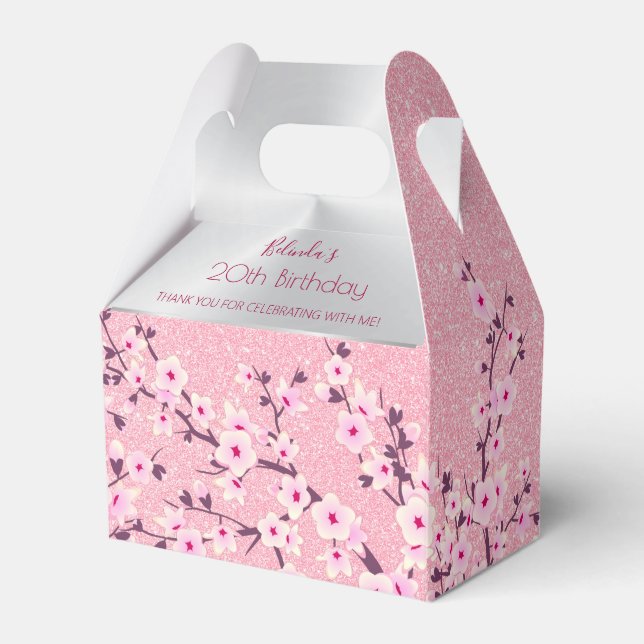 Cherry Blossoms Pink Glitter Custom Birthday Favour Box (Front Side)