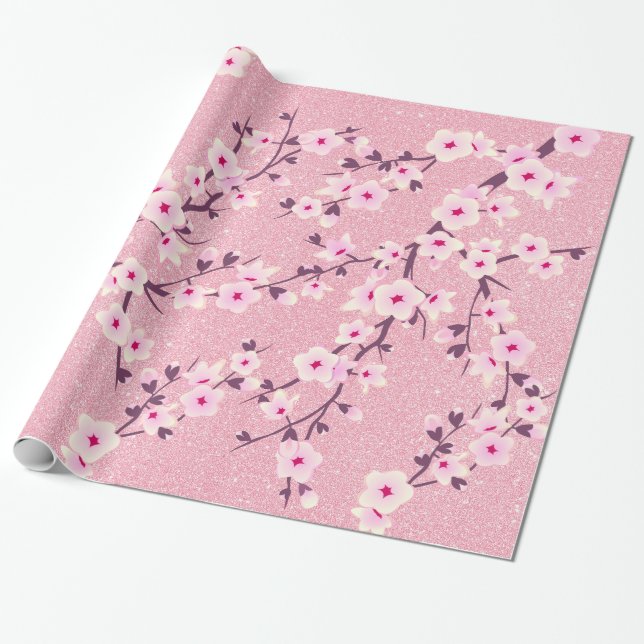 Cherry Blossoms Pink Glitter  Floral Wrapping Paper (Unrolled)