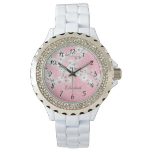 Cherry Blossoms Pink Glitter Girly Monogram Watch