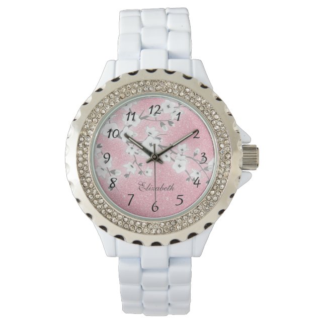 Cherry Blossoms Pink Glitter | Girly Monogram  Watch (Front)