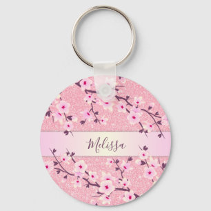 Cherry Blossoms Pink Glitter Key Ring