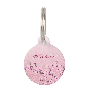 Cherry Blossoms Pink Glitter Personalise Pet ID Ta Tag