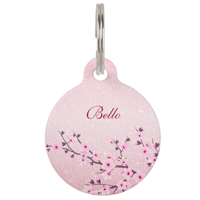 Cherry Blossoms Pink Glitter Personalise Pet Tag (Front)