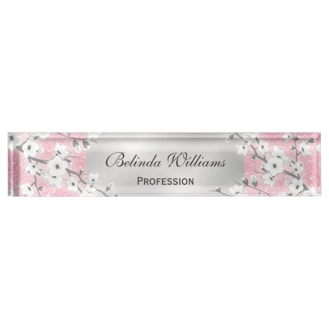 Cherry Blossoms Pink Glitter Silver Nameplate (Front)
