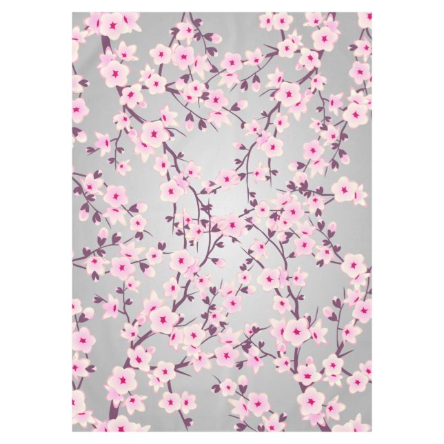 Cherry Blossoms Pink Grey  Asia Floral Tablecloth (Front)