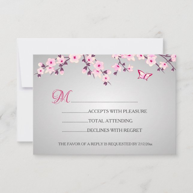 Cherry Blossoms  Pink Grey Baby Shower RSVP (Front)