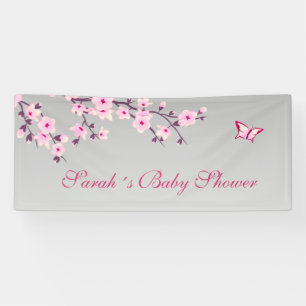 Cherry Blossoms  Pink Grey Custom Baby Shower Banner