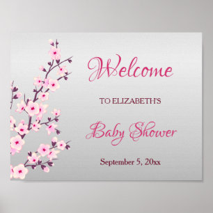 Cherry Blossoms Pink Grey Custom Baby Shower Poster