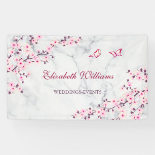 Cherry Blossoms Pink Grey Marble Banner