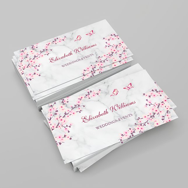 Cherry Blossoms Pink Grey Marble Business Card (Creator Uploaded)