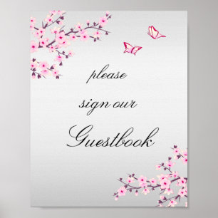 Cherry Blossoms Pink Grey Sign Guestbook 