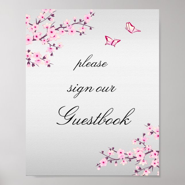 Cherry Blossoms Pink Grey Sign Guestbook  (Front)