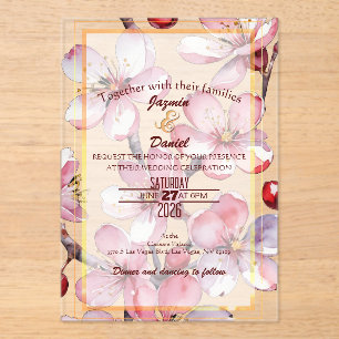 Cherry Blossoms Pink Lavender Watercolor Clear Box Acrylic Invitations