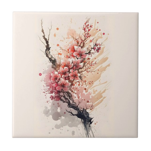 Cherry Blossoms Pink Red Floral Kitchen Bathroom  Tile (Front)