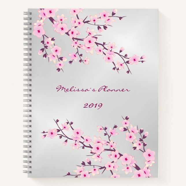 Cherry Blossoms Pink Silver Add Name And Year Notebook (Front)