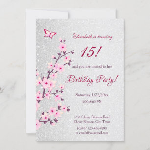 Cherry Blossoms Pink Silver Glitter  Birthday Invitation