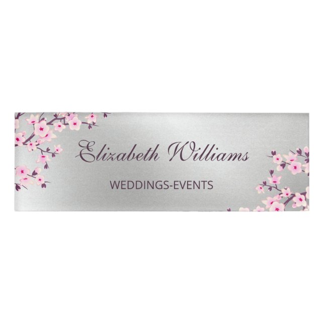 Cherry Blossoms Pink Silver  Name Tag (Front)