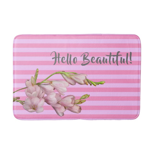 Cherry Blossoms Pink Strips Hello Beautiful! Bath Mat (Front)