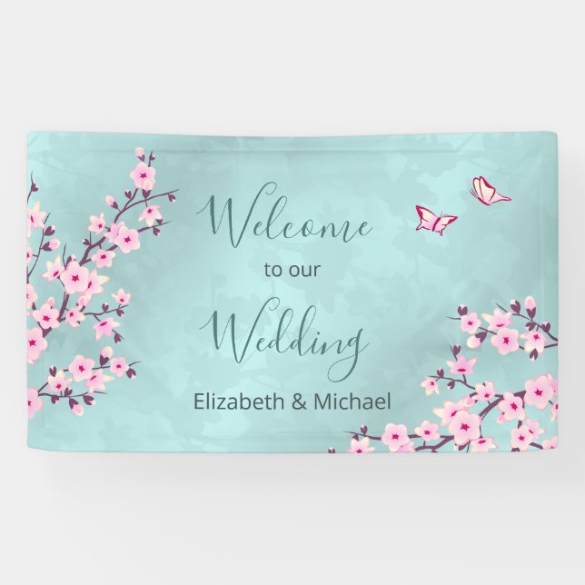 Cherry Blossoms Pink Turquoise Banner (Horizontal)