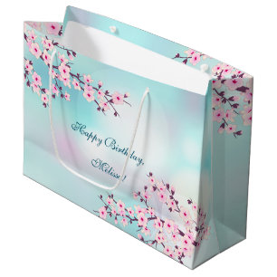 Cherry Blossoms  Pink Turquoise Birthday Large Gift Bag