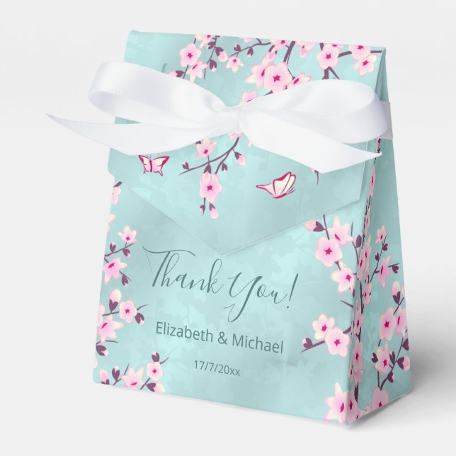 Cherry Blossoms Pink Turquoise | Custom Wedding Favour Box (Front Side)