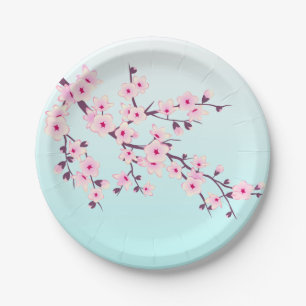 Cherry Blossoms Pink Turquoise Cute Floral Paper Plate