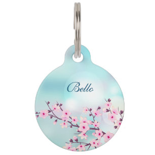 Cherry Blossoms Pink Turquoise  Personalise Pet Tag