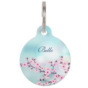 Cherry Blossoms Pink Turquoise  Personalize Pet Tag