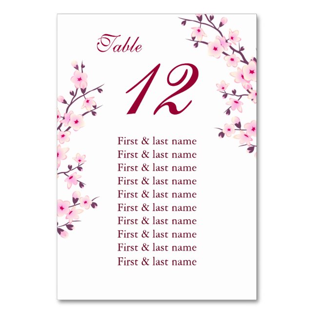 Cherry Blossoms Pink Wedding Guest Names  Table Number (Front)
