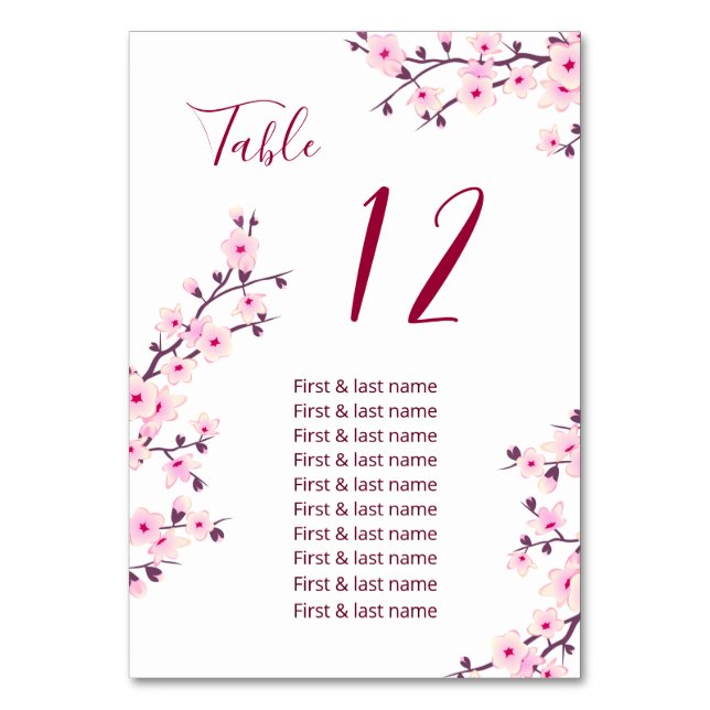 Cherry Blossoms Pink Wedding Guest Names  Table Number (Front)