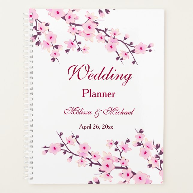 Cherry Blossoms Pink White Add Names Wedding Planner (Front)