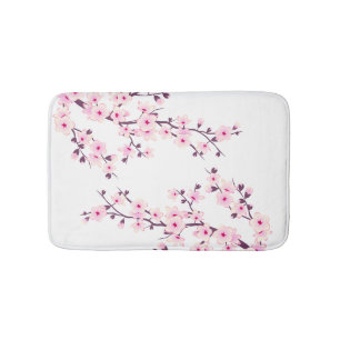 Cherry Blossoms Pink White Floral Bath Mat