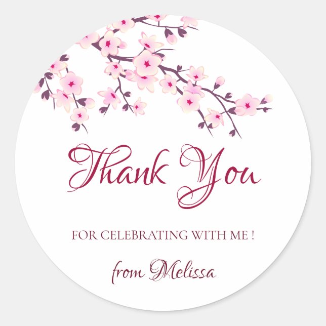 Cherry Blossoms Pink White Thank You Classic Round Sticker (Front)