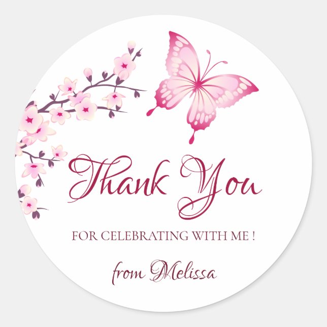 Cherry Blossoms Pink White Thank You Classic Round Sticker (Front)