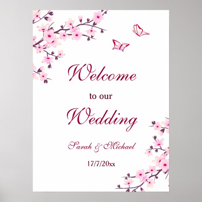 Cherry Blossoms Pink White Wedding Poster (Front)