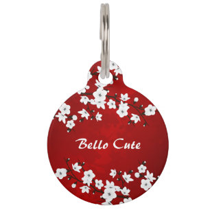 Cherry Blossoms Red Black and White Pet Tag