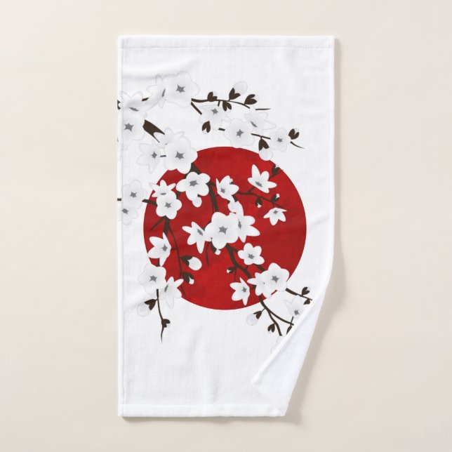 Cherry Blossoms Red Black White Rising Sun Hand Towel (Hand Towel)