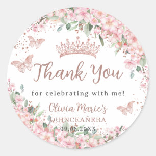 Cherry Blossoms Rose Gold Butterflies Quinceañera Classic Round Sticker