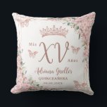 Cherry Blossoms Rose Gold Butterflies Quinceanera Cushion<br><div class="desc">Personalise this elegant blush floral Quinceañera / Sweet 16 birthday throw pillow easily and quickly. Simply click the Edit Using Design Tools button to further edit the texts, change fonts and fonts colours. Featuring beautiful watercolor cherry blossoms flowers, rose gold butterflies and a rose gold geometric frame. Add your quince...</div>