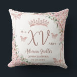 Cherry Blossoms Rose Gold Butterflies Quinceanera Cushion<br><div class="desc">Personalise this elegant blush floral Quinceañera / Sweet 16 birthday throw pillow easily and quickly. Simply click the Edit Using Design Tools button to further edit the texts, change fonts and fonts colours. Featuring beautiful watercolor cherry blossoms flowers, rose gold butterflies and a rose gold geometric frame. Add your quince...</div>