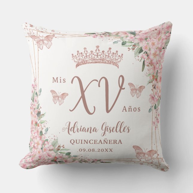 Cherry Blossoms Rose Gold Butterflies Quinceanera Cushion (Front)