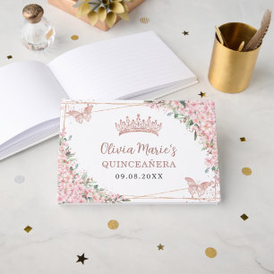 Cherry Blossoms Rose Gold Butterflies Quinceanera  Guest Book