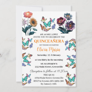 Cherry Blossoms Rose Gold Butterflies Quinceañera Invitation