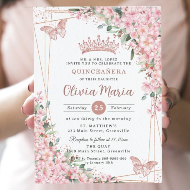 Cherry Blossoms Rose Gold Butterflies Quinceañera Invitation (Creator Uploaded)