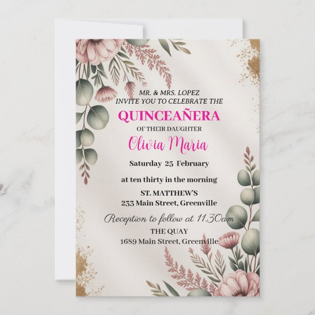 Cherry Blossoms Rose Gold Butterflies Quinceañera  Invitation (Front)