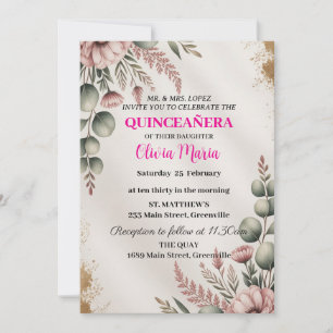 Cherry Blossoms Rose Gold Butterflies Quinceañera Invitation