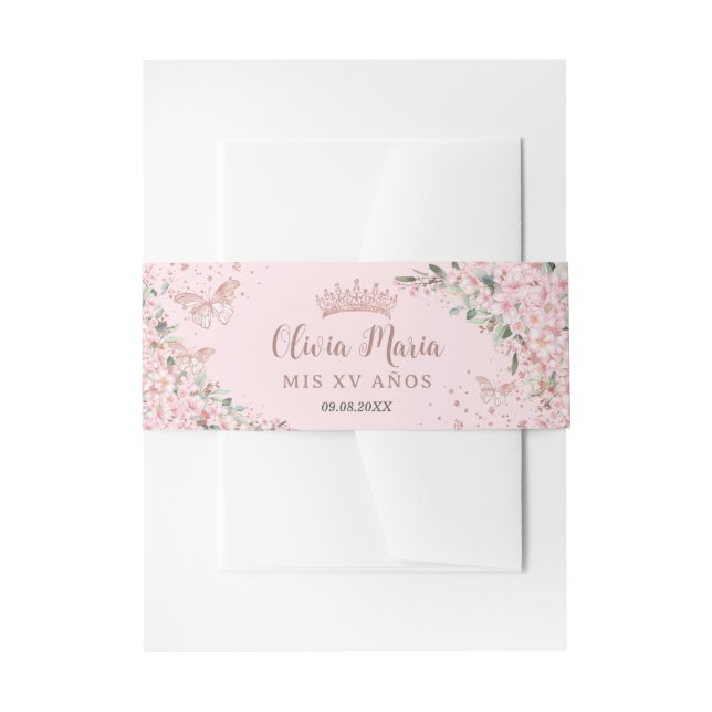 Cherry Blossoms Rose Gold Butterflies Quinceanera Invitation Belly Band (Front Example)