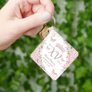 Cherry Blossoms Rose Gold Butterflies Quinceanera  Key Ring