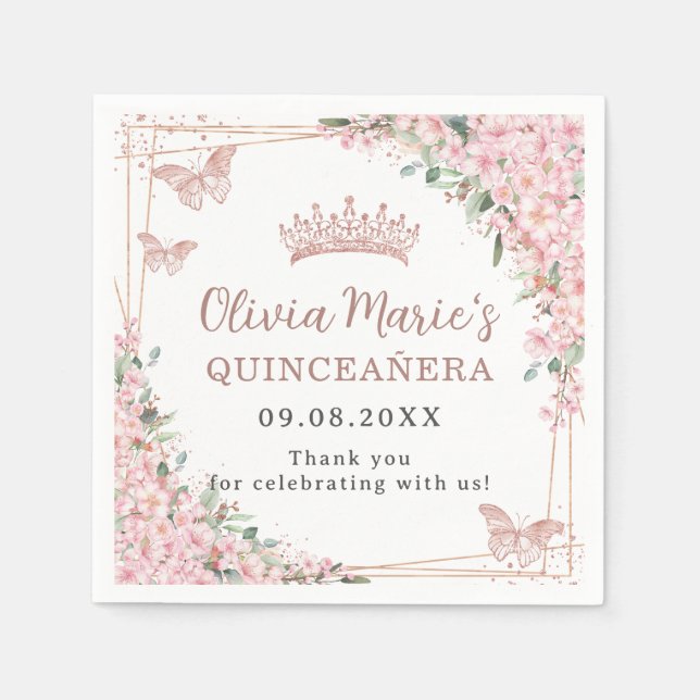 Cherry Blossoms Rose Gold Butterflies Quinceanera Napkin (Front)